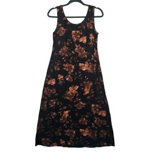 Vintage Cimmaron Dress Womens Black Brown Floral Sleeveless Maxi A-Line Made USA